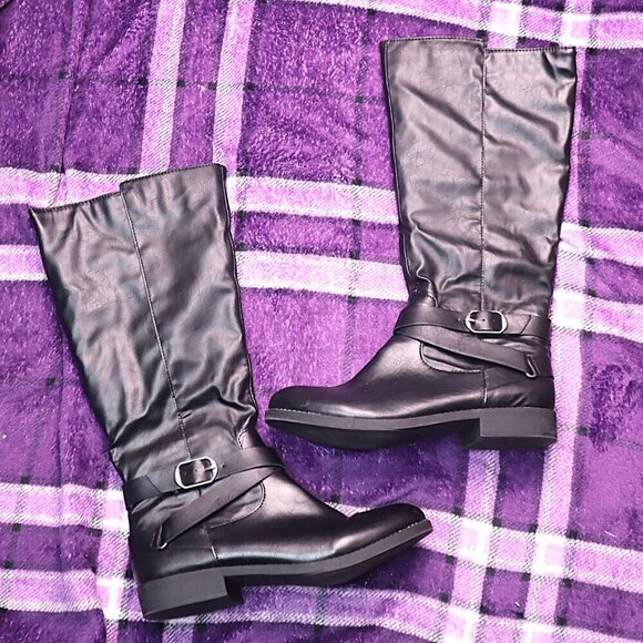 BLACK BUCKLE RIDING BOOTS 7.5 Style & Co Nadine Classic Fall Gothic Calf Office - Picture 1 of 11
